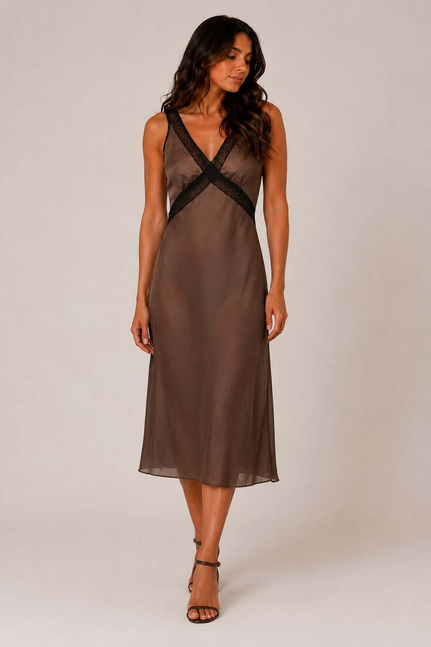 House of Harlow 1960 Brown Satin Lace Trim Midi Slip Dress Size Medium
